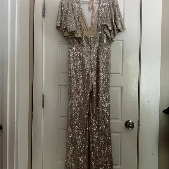 Vici Aakaa Trophy Wife Sequin Jumpsuit M Silver